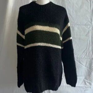 J Crew Sweater Mens Large Handknit Wool Chunky Knit Black Green Y2K Fisherman